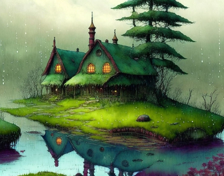 Whimsical house illustration on lush green island with rainy sky
