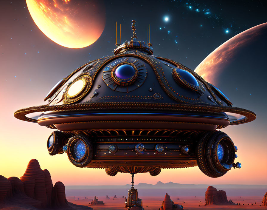 Steampunk-style spaceship over desert landscape with celestial bodies at dusk