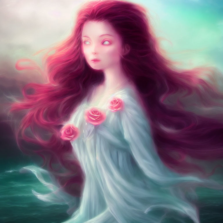 Whimsical artwork featuring woman with burgundy hair and roses on teal and pink background