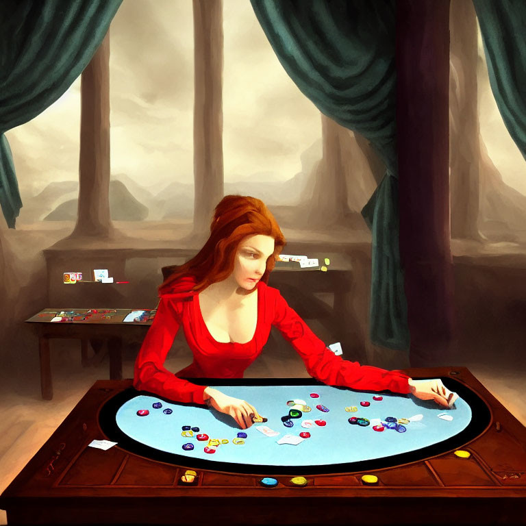 Woman in red top at circular table with casino chips and cards in misty landscape.