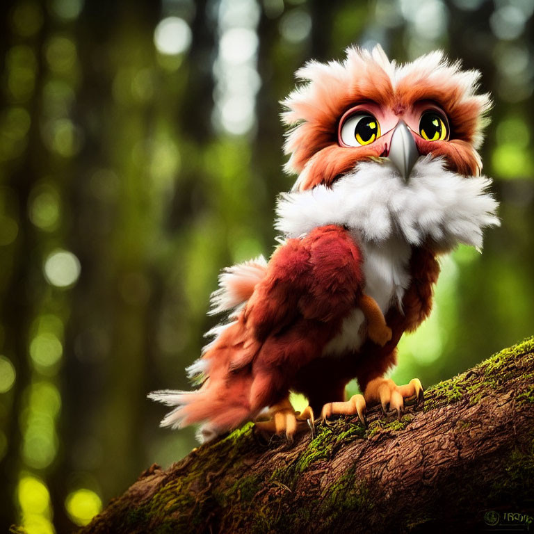 Fluffy owl illustration with large orange eyes on tree branch in green forest