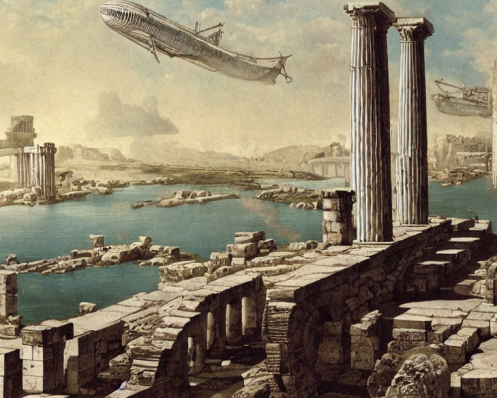 Ancient city ruins with broken columns by water and airships in clear sky