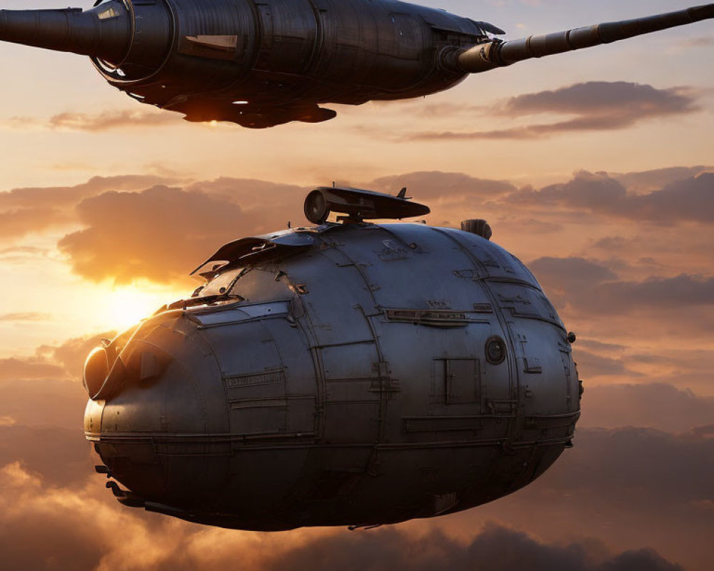 Futuristic spherical aircraft with protruding engines in sunrise/sunset sky