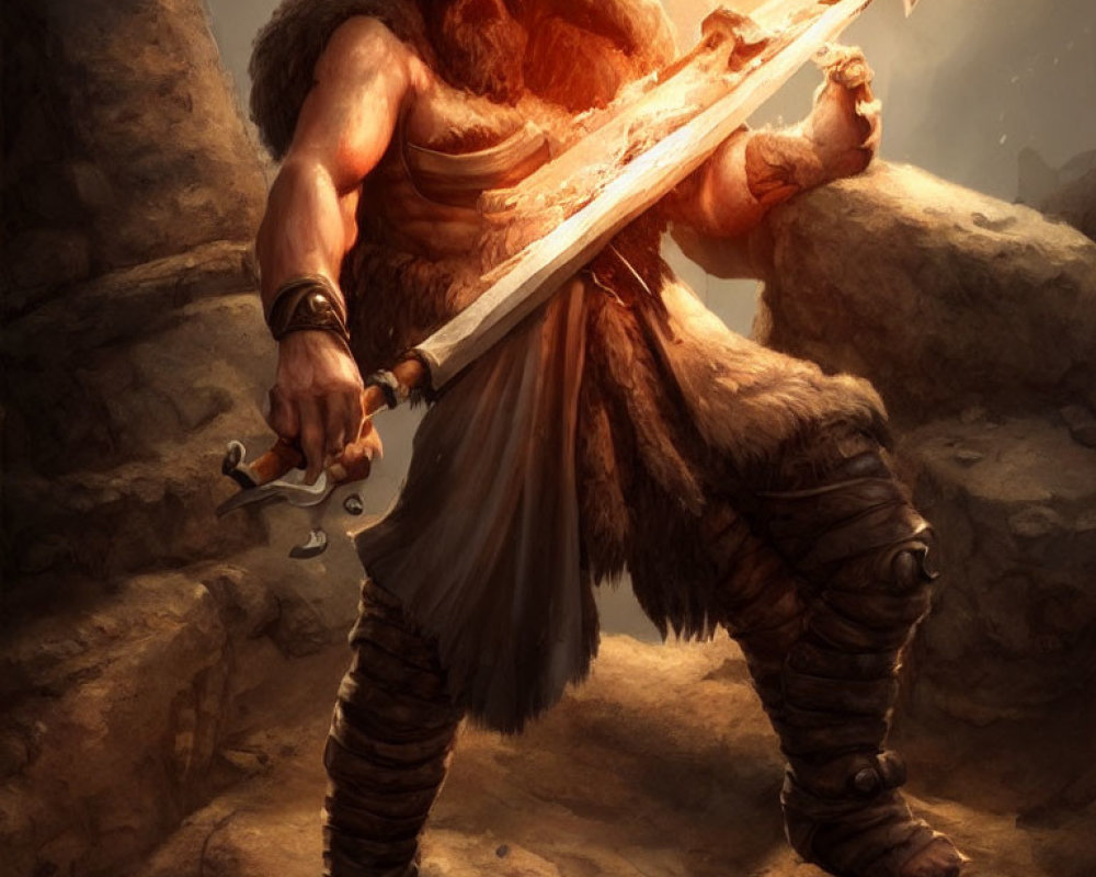 Bearded warrior with large sword on rocky terrain