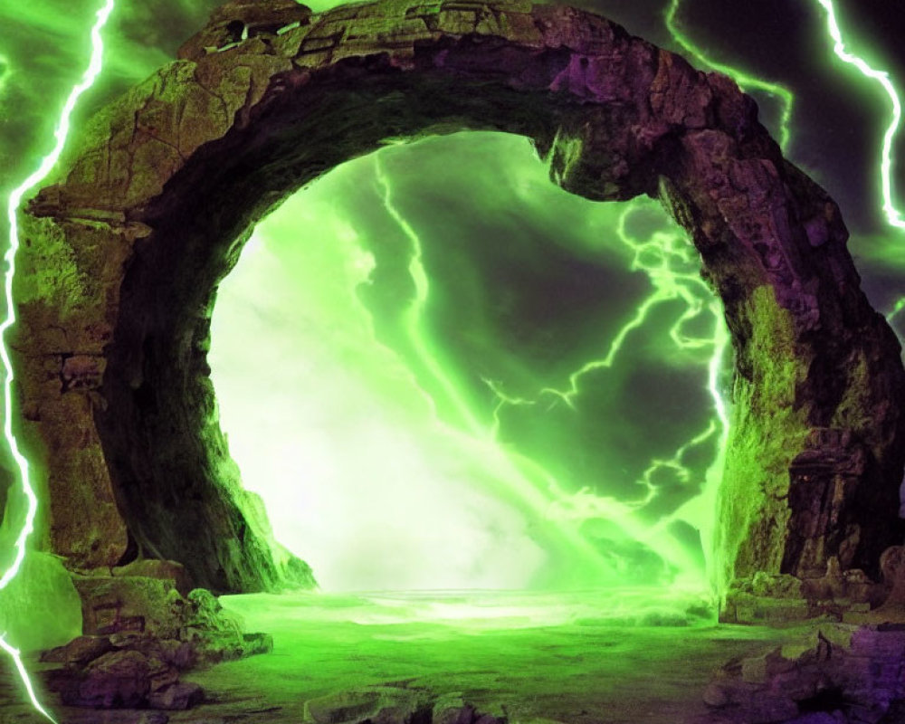 Rocky Arch with Vibrant Green Lighting and Dynamic Lightning Background