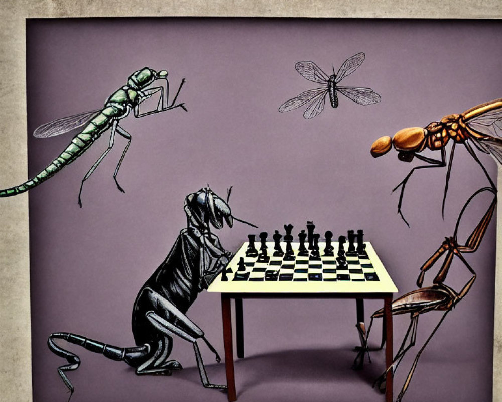 Insect-themed chess game with dragonfly and mosquito spectators