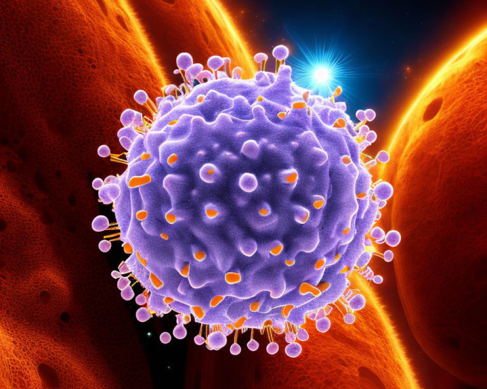 Detailed 3D illustration: spherical virus with spike proteins in warm-hued cell backdrop