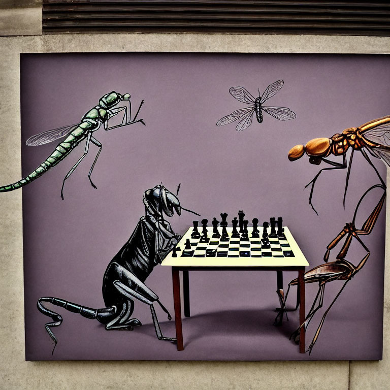 Insect-themed chess game with dragonfly and mosquito spectators