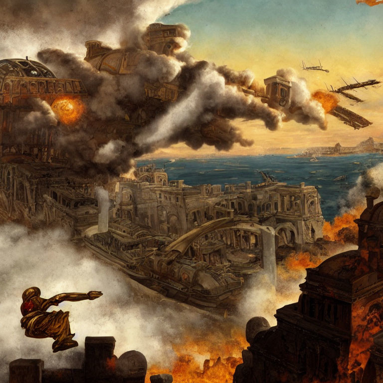 Dystopian scene: Flying vehicles attack ancient Roman ruins amid fire and smoke