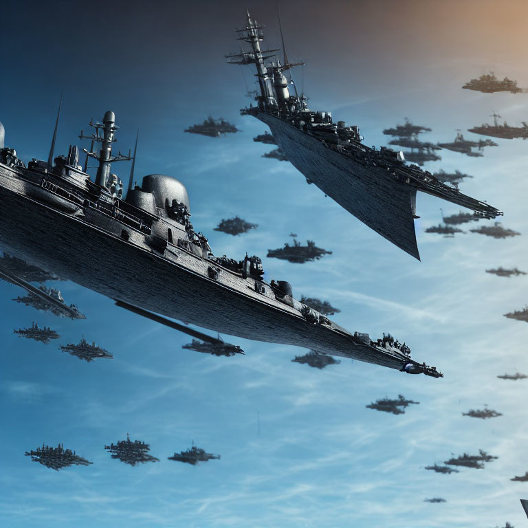 Futuristic warships in formation against blue sky with clouds