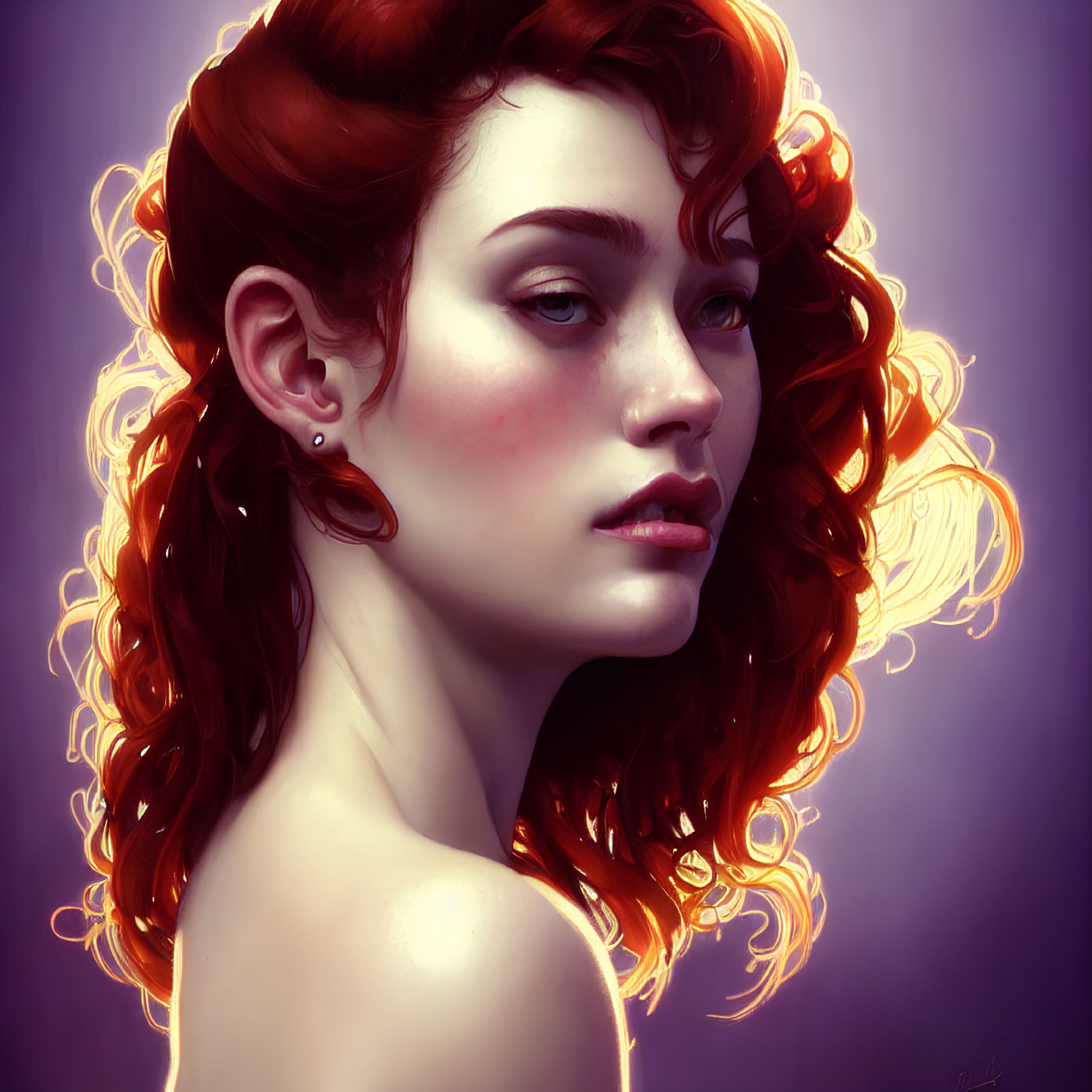 Curly Red-Haired Woman Portrait with Thoughtful Expression