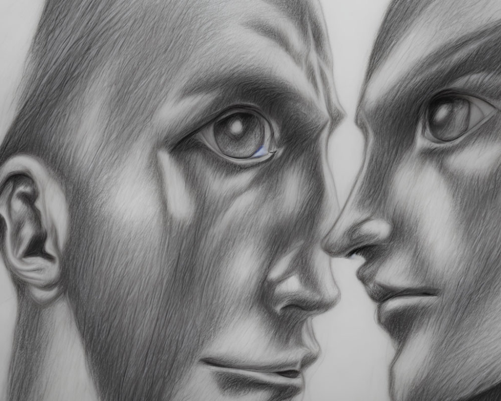 Detailed pencil sketch of two human faces in profile, close together with expressive eyes