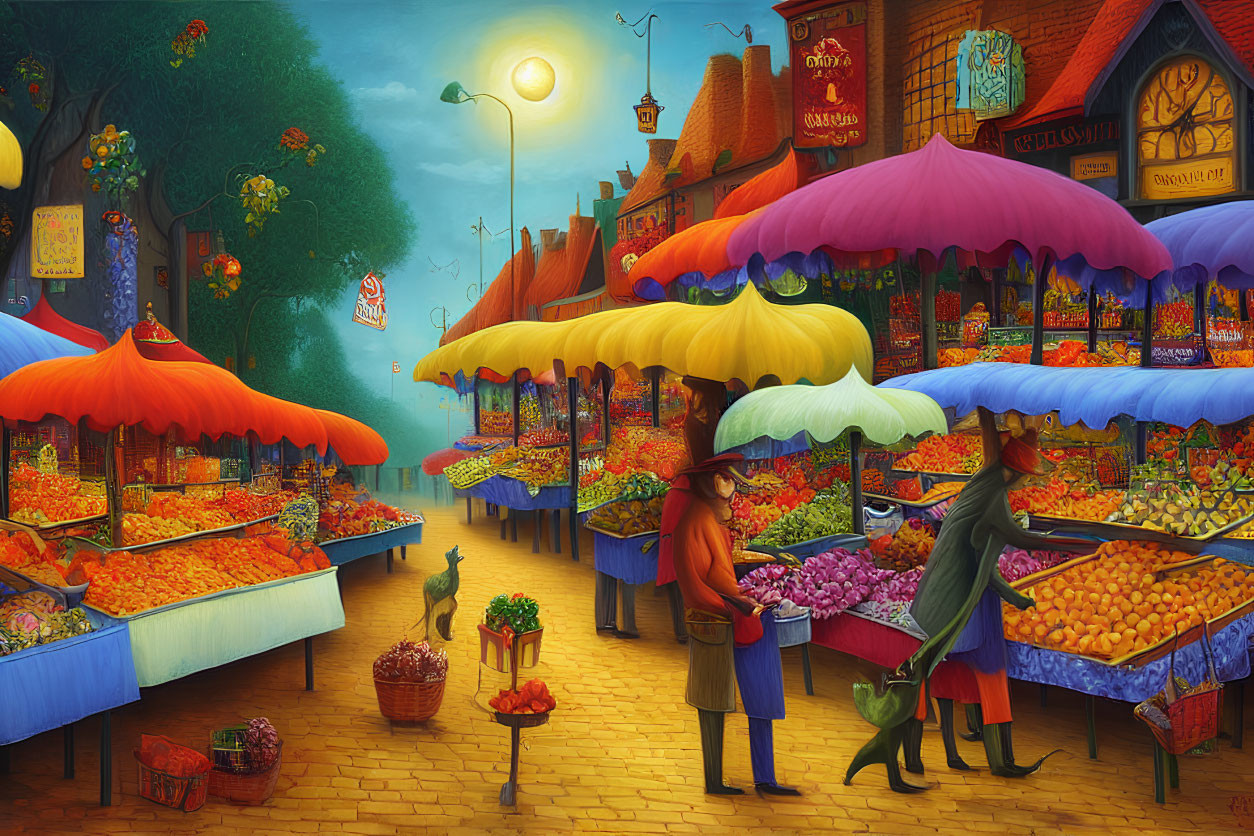 Colorful Fruit Stalls and Bustling Shoppers in Vibrant Street Market