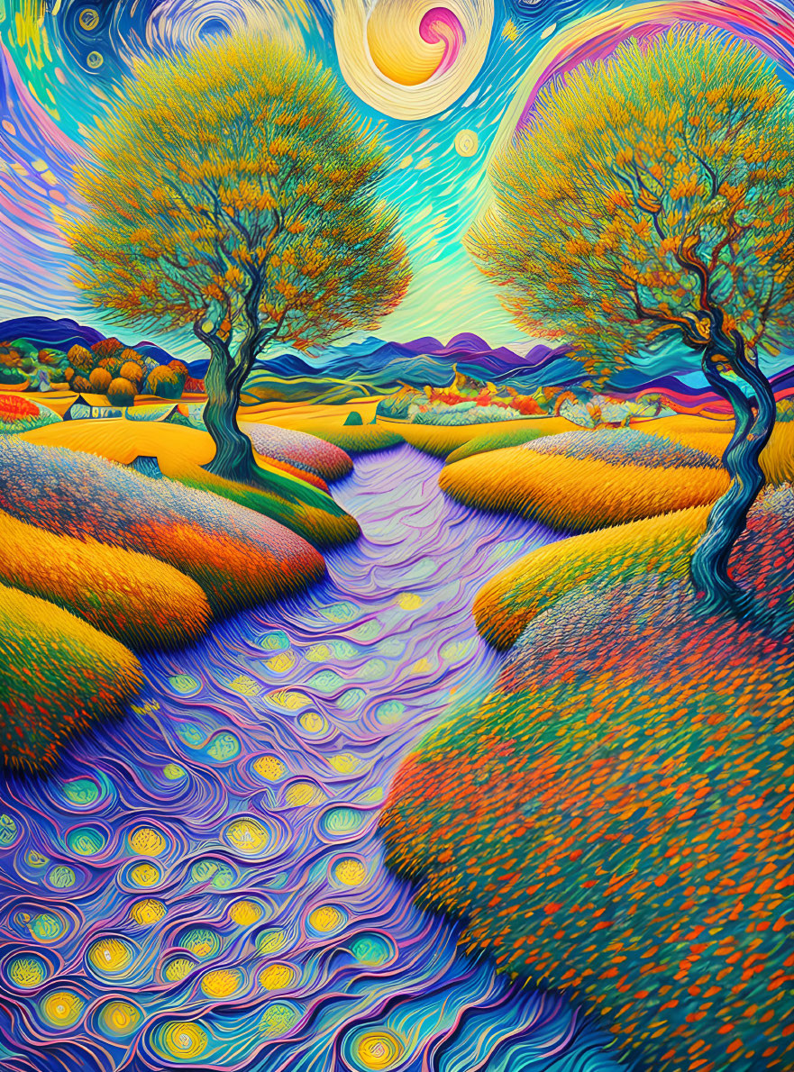 Colorful swirling landscape with stylized trees and flowing river under a starry sky.