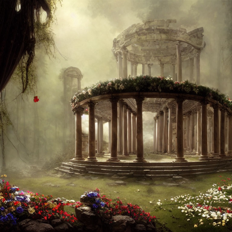 Ancient stone rotunda in foggy forest with vibrant wildflowers