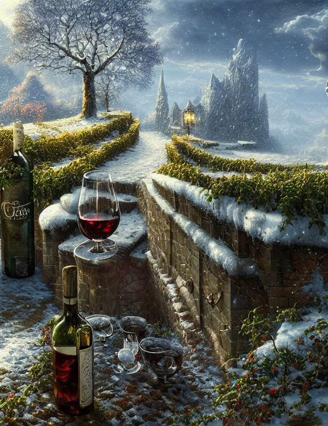 Winter scene with wine bottle, glasses on snow-dusted ledge, lamp-lit path to distant church