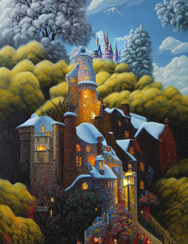 Colorful Fantasy Castle Painting Among Yellow Bushes and Trees at Night