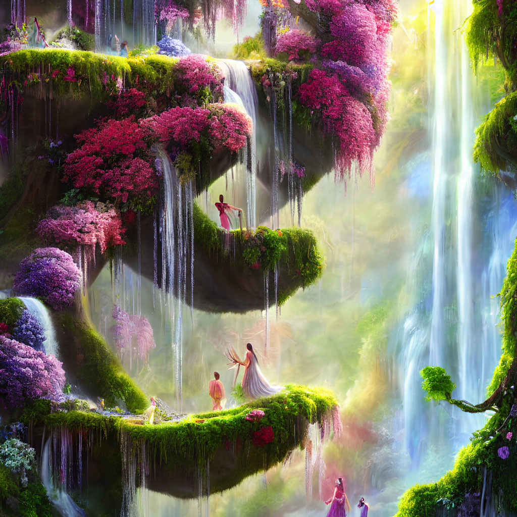 Ethereal fantasy landscape with waterfalls, greenery, and cherry blossoms