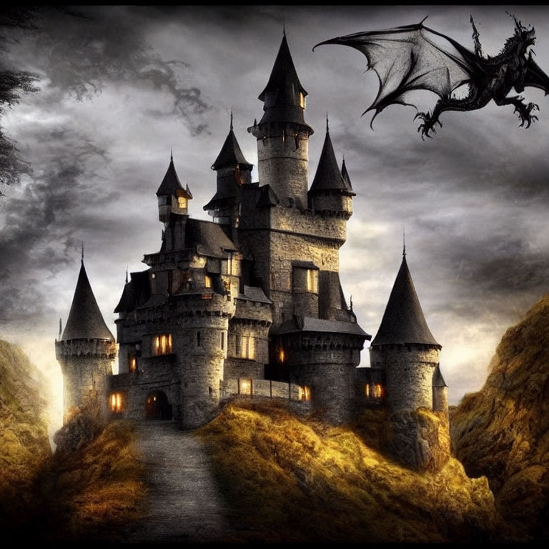 Majestic castle on rugged cliffs with flying dragon in dark sky