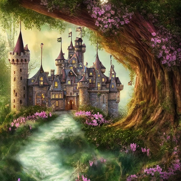 Whimsical castle in lush greenery with pink blossoms and serene river