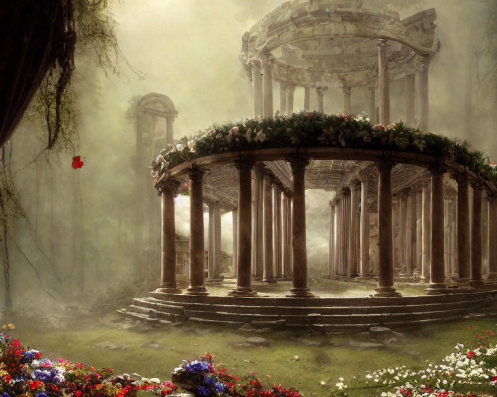 Ancient stone rotunda in foggy forest with vibrant wildflowers