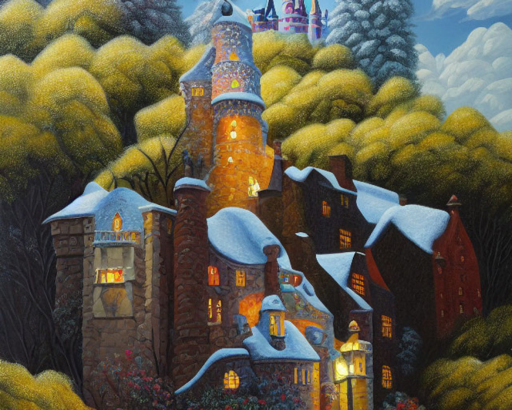 Colorful Fantasy Castle Painting Among Yellow Bushes and Trees at Night