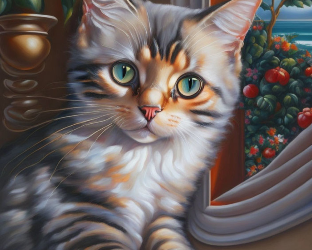 Realistic painting of fluffy tabby cat by window with green eyes and red flowers.