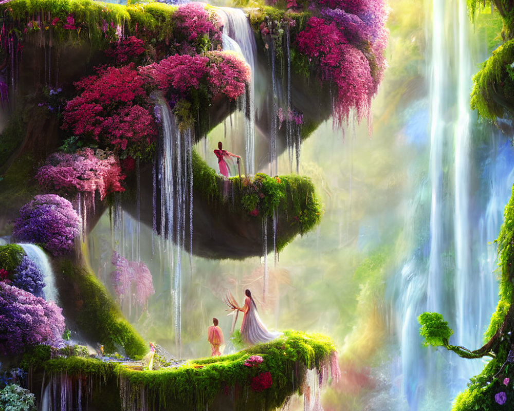 Ethereal fantasy landscape with waterfalls, greenery, and cherry blossoms