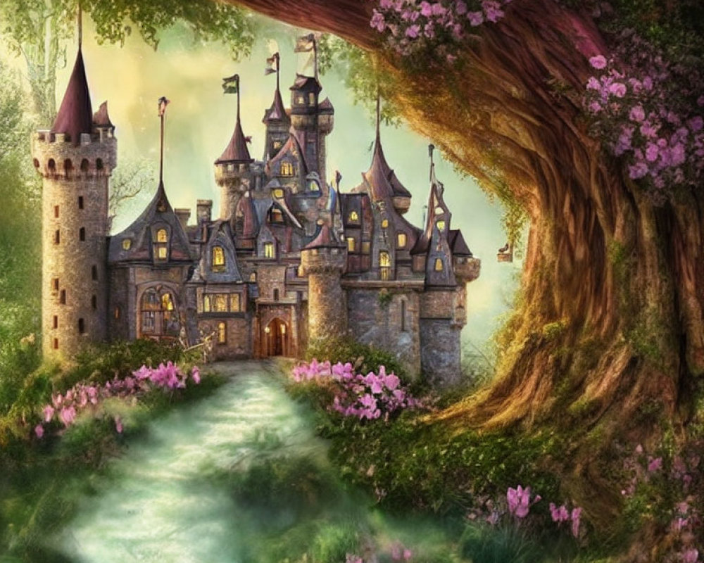 Whimsical castle in lush greenery with pink blossoms and serene river