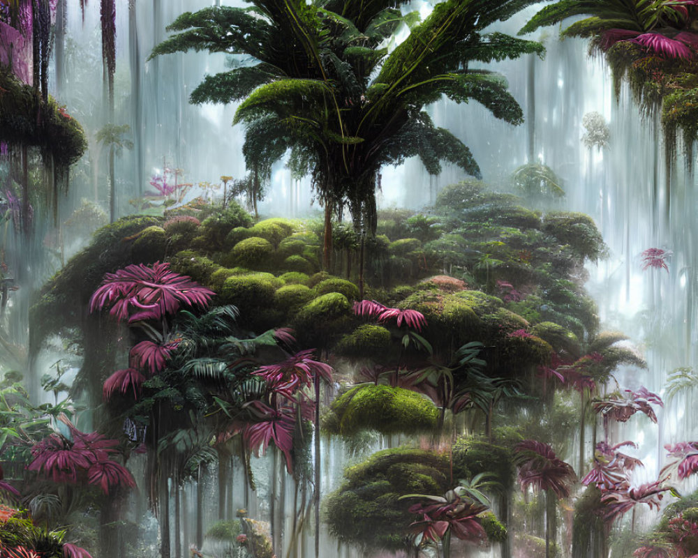 Lush Forest Scene with Fern, Pink Foliage, and Vines in Misty Atmosphere