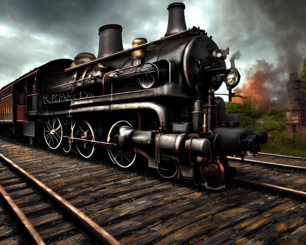 Vintage Steam Locomotive on Tracks Under Dark Cloudy Skies