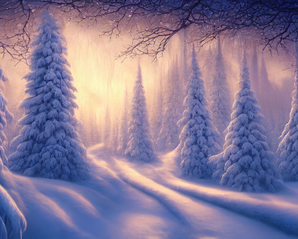 Snow-covered trees in serene winter forest with golden light