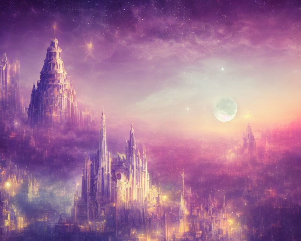 Fantastical cityscape with towering spires under a starry purple sky
