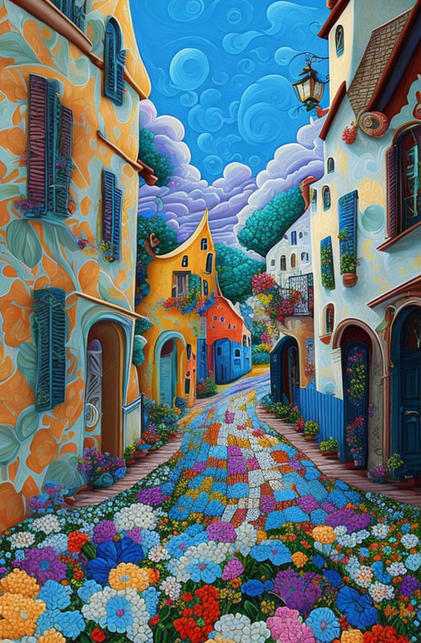 Colorful Cobblestone Street Painting with Stylized Houses and Flowers