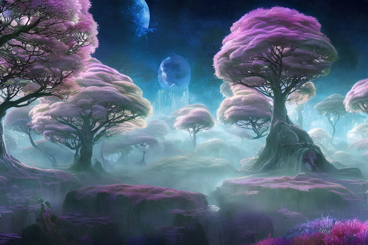 Mystical forest with purple foliage under night sky and two moons