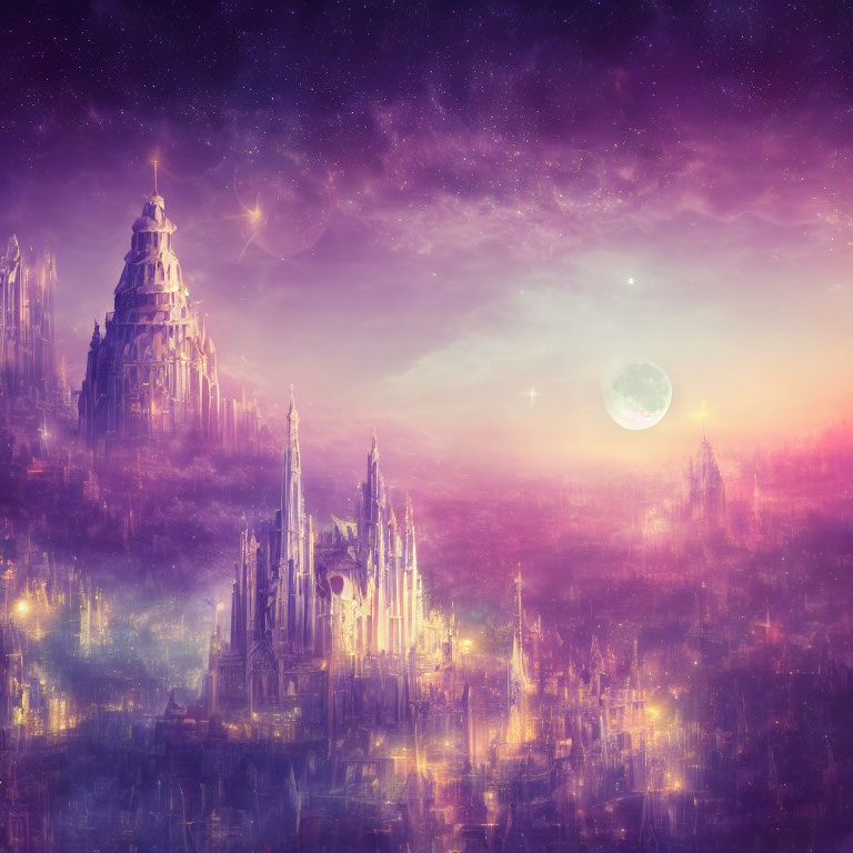 Fantastical cityscape with towering spires under a starry purple sky