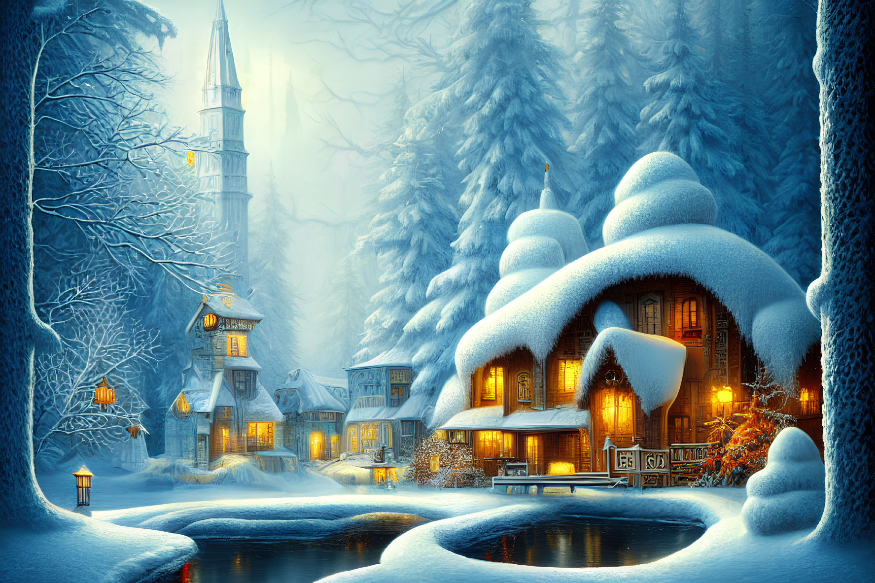 Snow-covered winter village with cottages, frozen river, and forest ambiance
