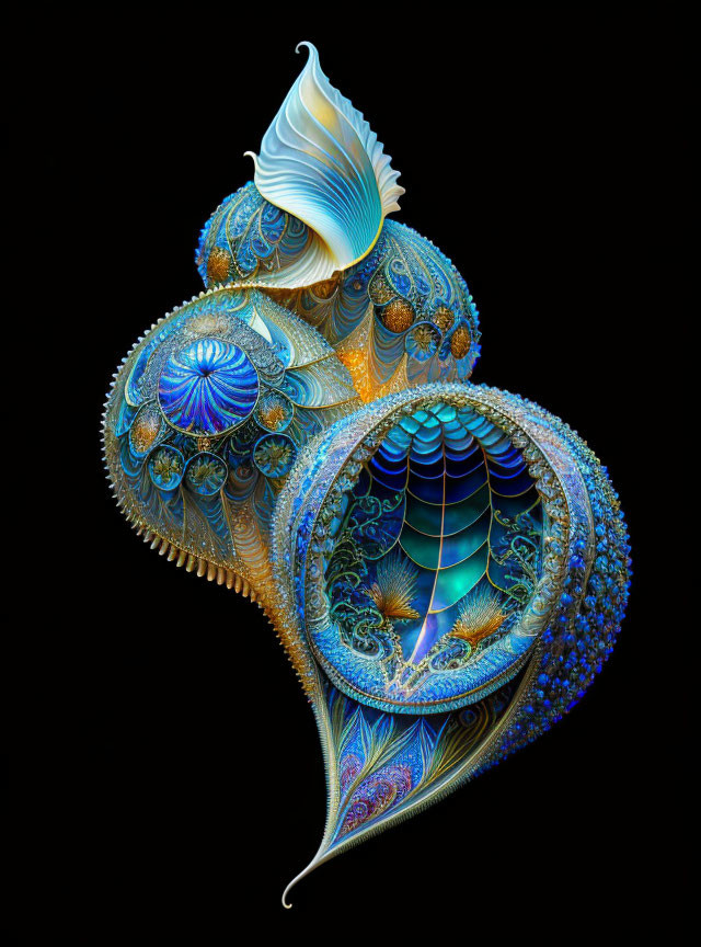 Intricate Blue, Gold, and White Fractal Shell Structure