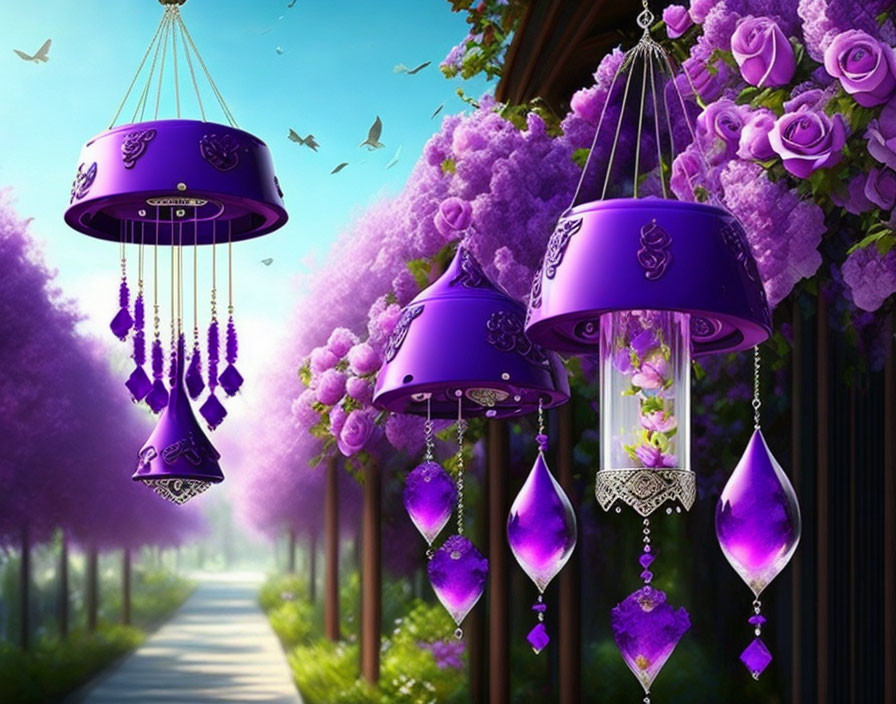 Purple Floral Hanging Lamps with Crystal Embellishments in Garden Pathway