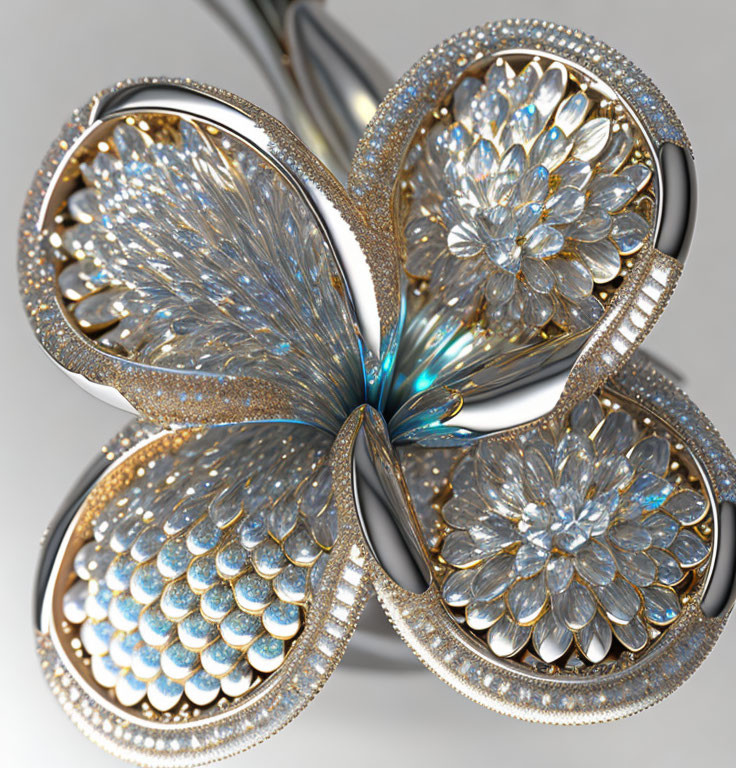 Fractal-based butterfly with jeweled flower wings in gold, silver, and blue