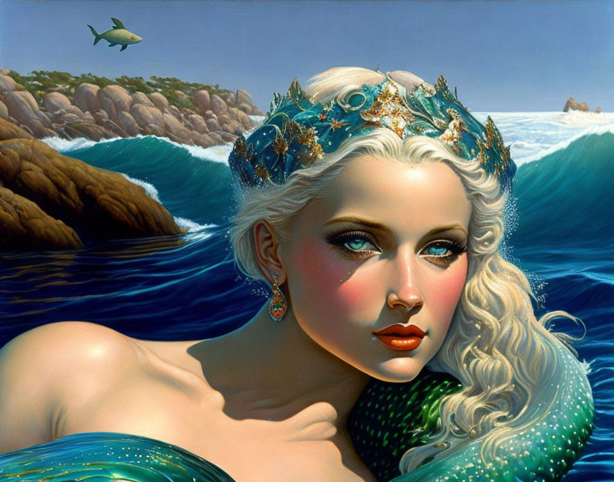 Mermaid with Jeweled Crown and Blue Eyes in Ocean Scene