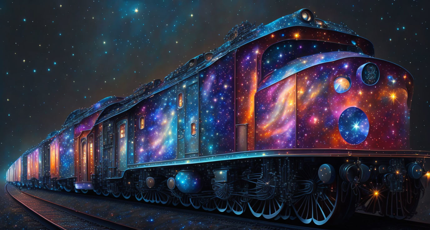 Cosmic-themed train against starry night sky