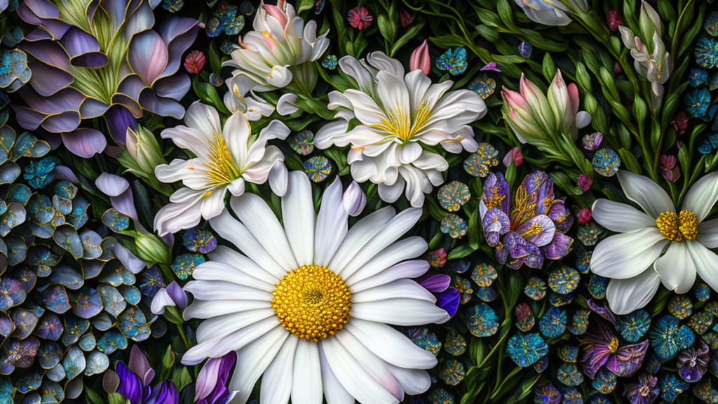 Colorful Floral Arrangement with White Daisy and Detailed Leaves