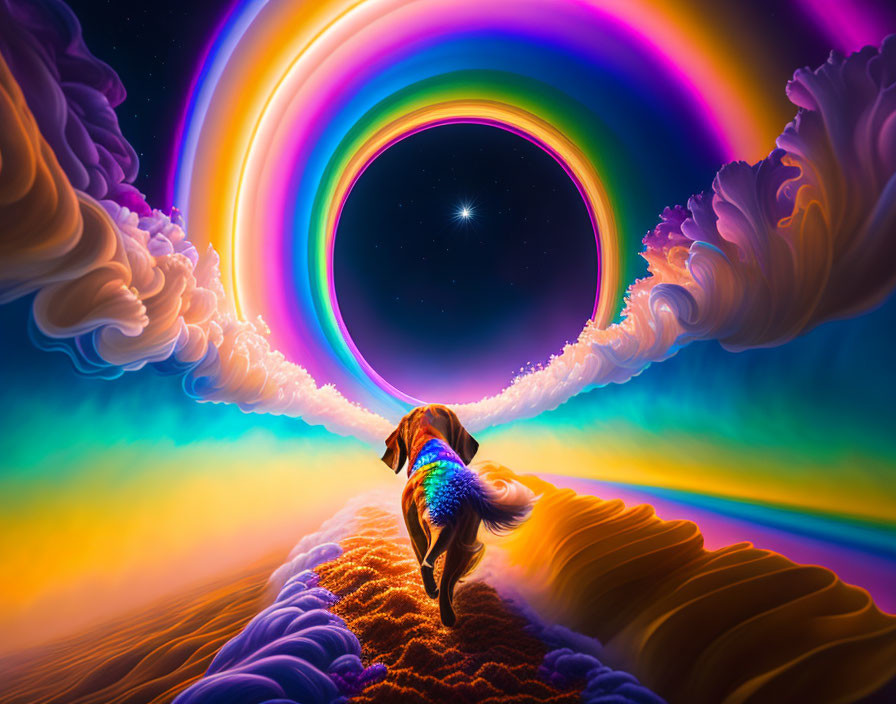 Dog walking towards multicolored ring in cosmic sky.