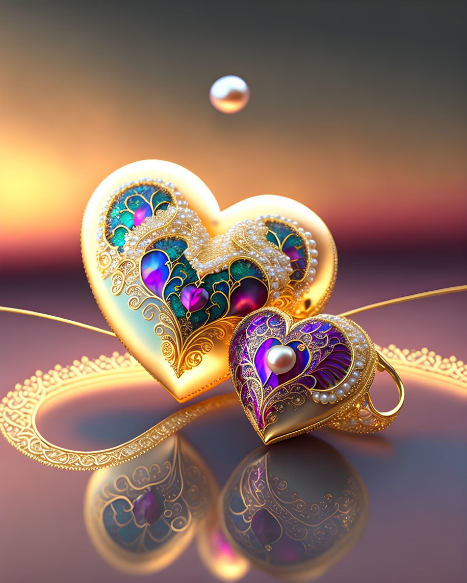 Intricate Golden Heart with Jewel Inlays on Reflective Surface