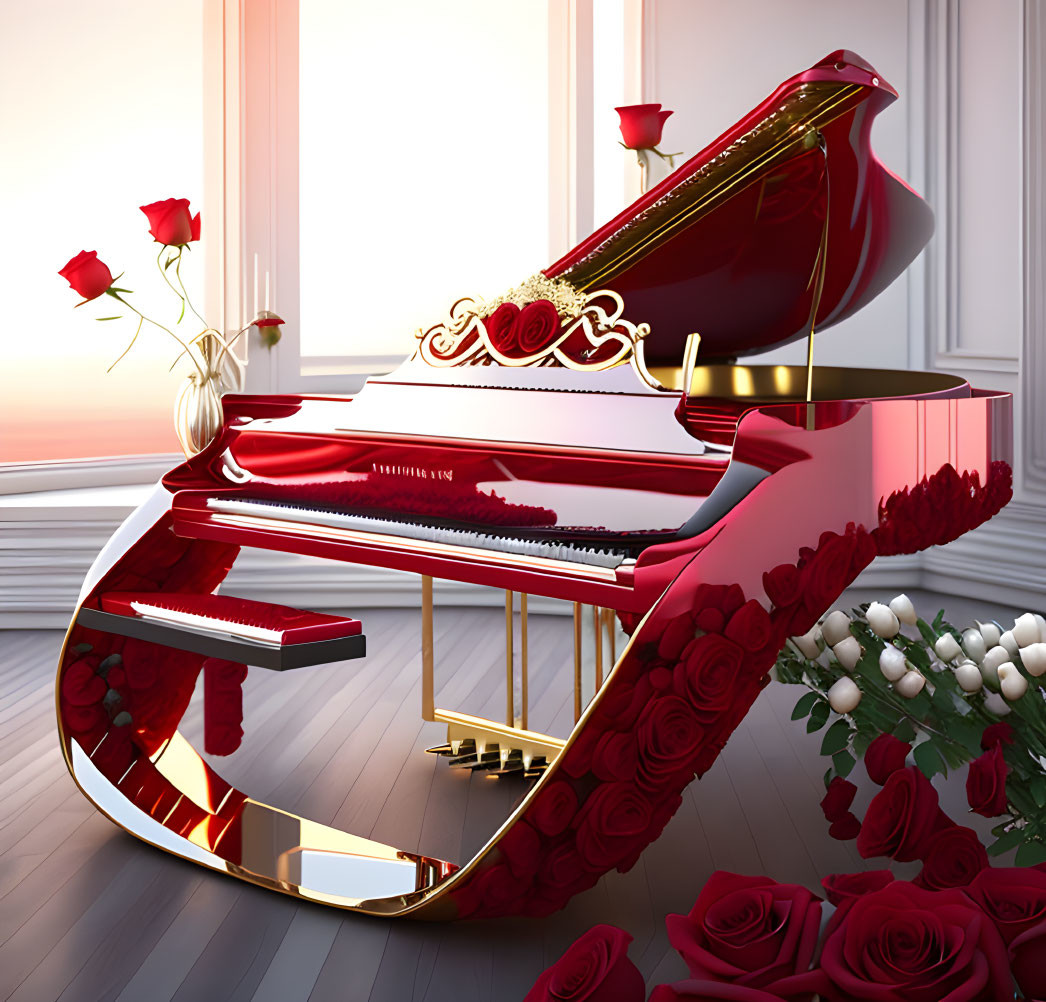 Luxurious Red Grand Piano with Gold Accents and Rose Decor in Elegant Room