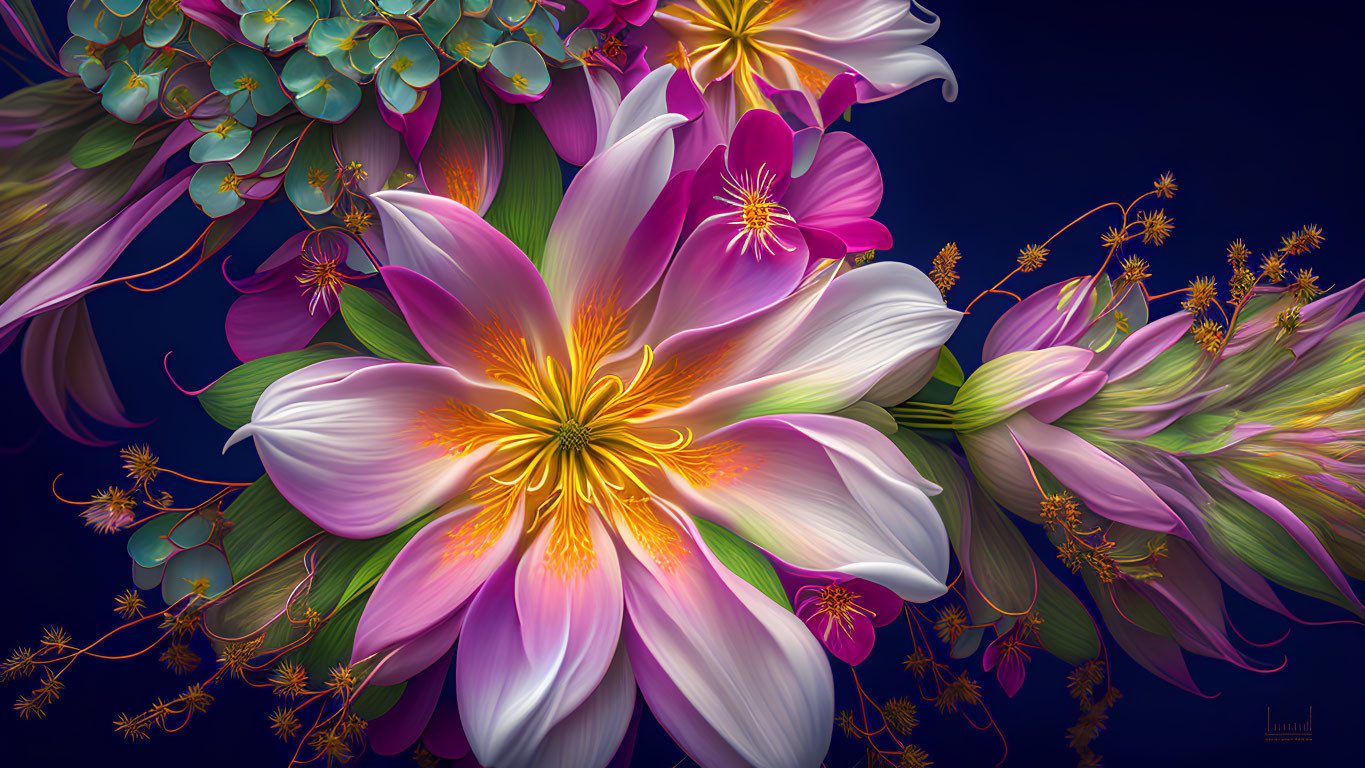 Colorful digital artwork of large pink flower and assorted blooms on dark background
