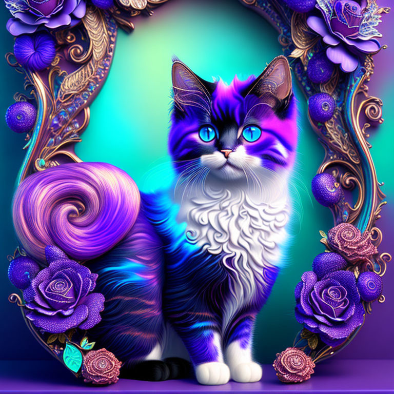 Colorful Stylized Cat Illustration with Blue and White Fur in Golden Frames and Purple Flowers