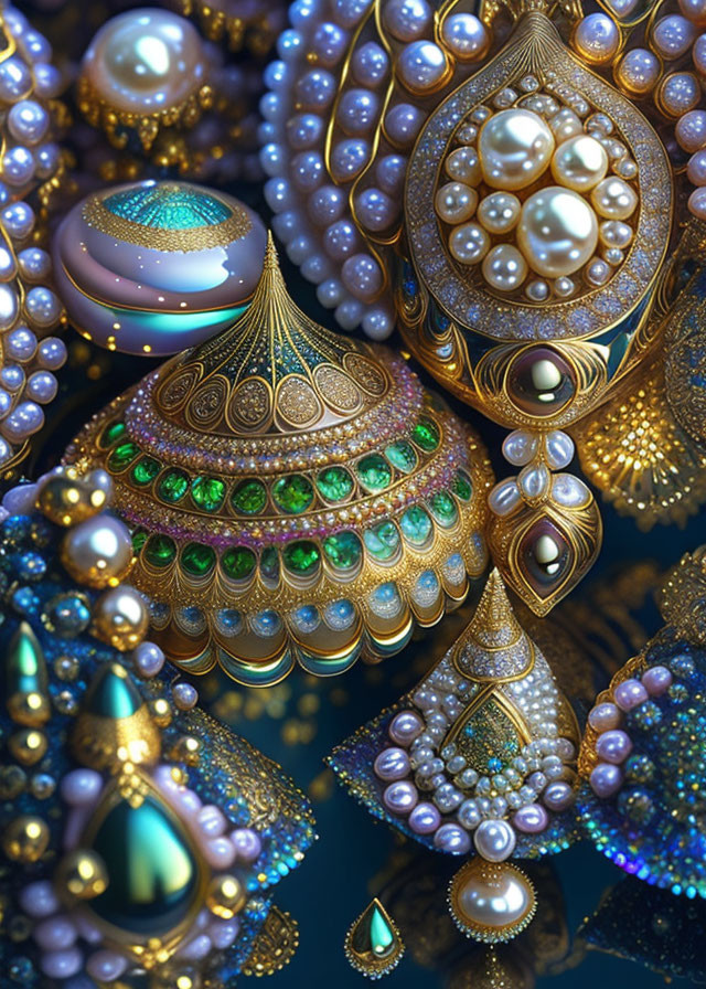 Luxurious digital artwork of jewel-encrusted objects with pearls and gemstones