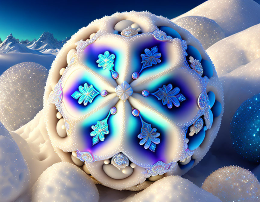 Colorful Digital Artwork of Ornate Snowflake in Snowy Landscape